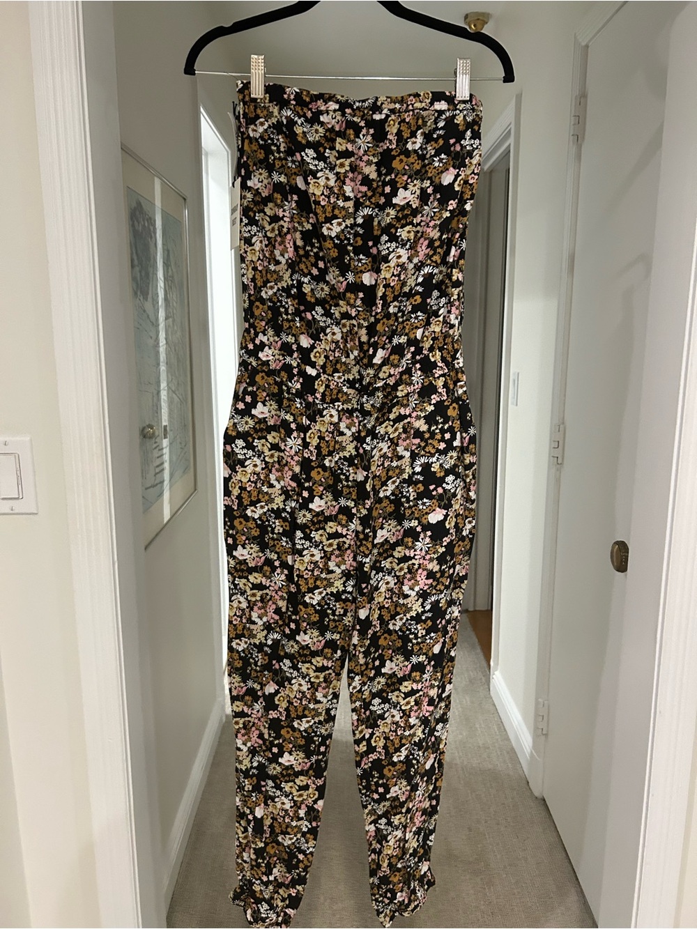 Sunday Best Black Floral Strapless Jumpsuit with Pink and Cream Flowers